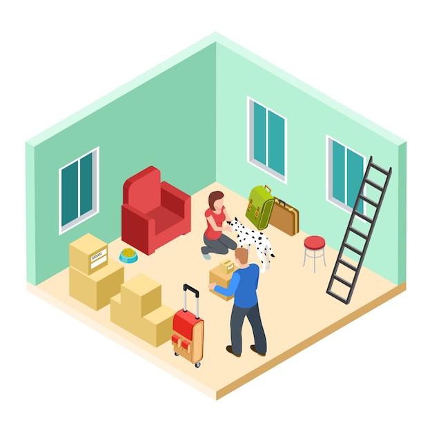 Vector young couple with a dog moves into a new apartment isometric  illustration