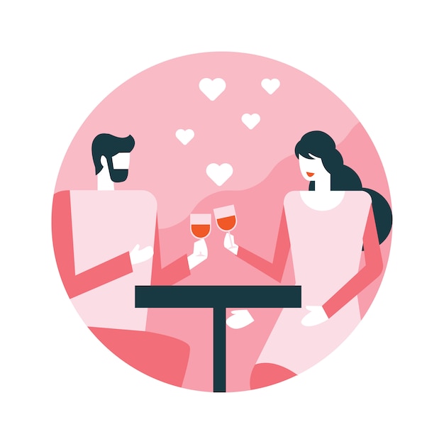 Vector young couple with glasses of red wine