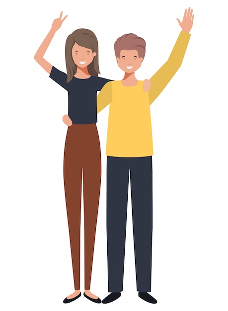 Young couple with hands up avatar character