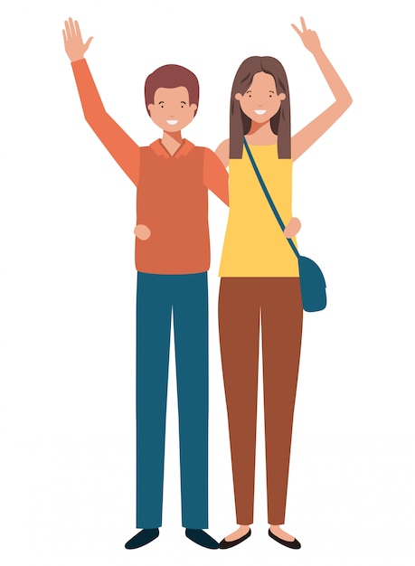 Vector young couple with hands up avatar character