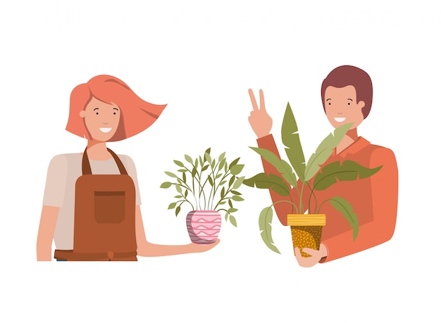 Young couple with houseplant avatar character