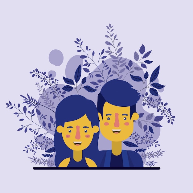 young couple with leafs decoration characters