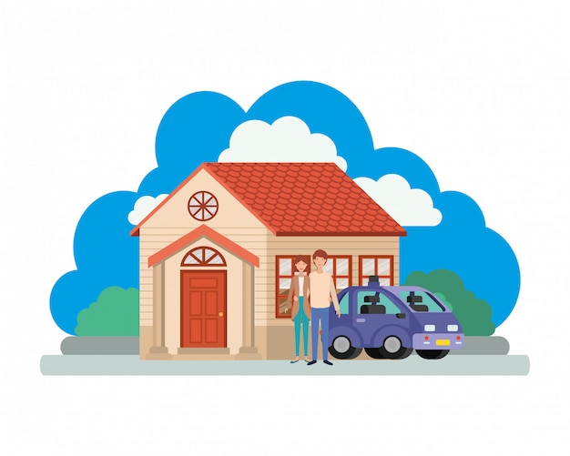 Vector young couple with smart car and house scene