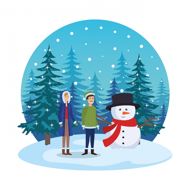 Vector young couple with snowman in snowscape