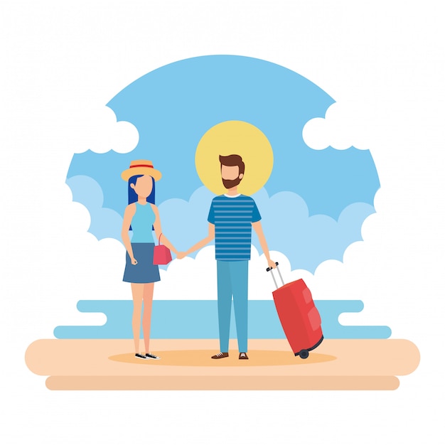 Vector young couple with suitcase on the beach