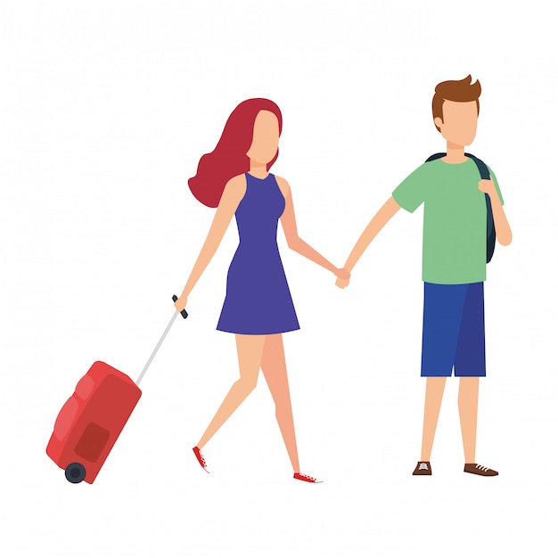 Молодая пара с путешествием чемодана