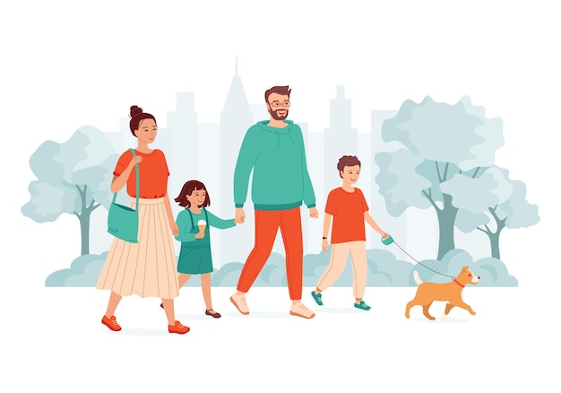 Vector young couple with two children and a dog walks in city park