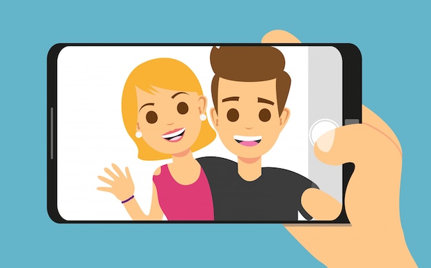 Young couple woman, man taking selfie photo on smartphone