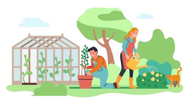 Young couple working in garden Woman watering flowers Man planting seedlings Happy gardeners People growing plants in greenhouse Agriculture workers Gardening persons Vector concept