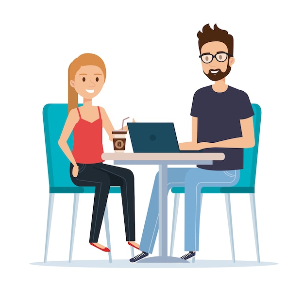 Vector young couple in the workplace avatars characters