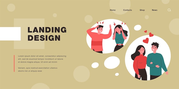young couples in different relationships heart friend confrontation flat vector illustration love and communication concept for banner website design or landing web page