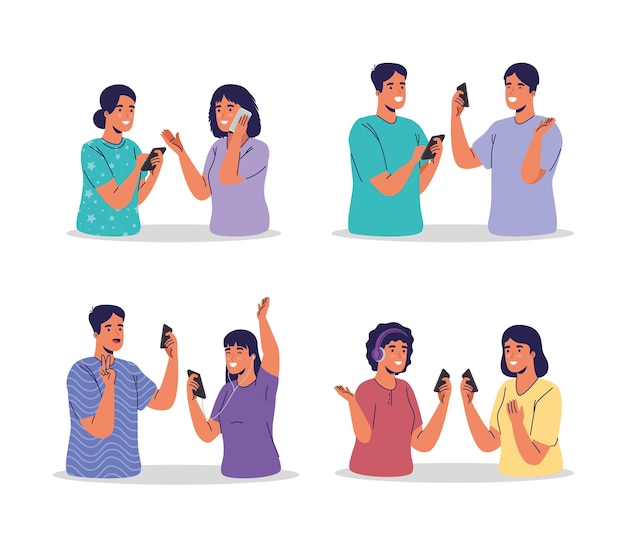 Vector young couples using smartphones technology