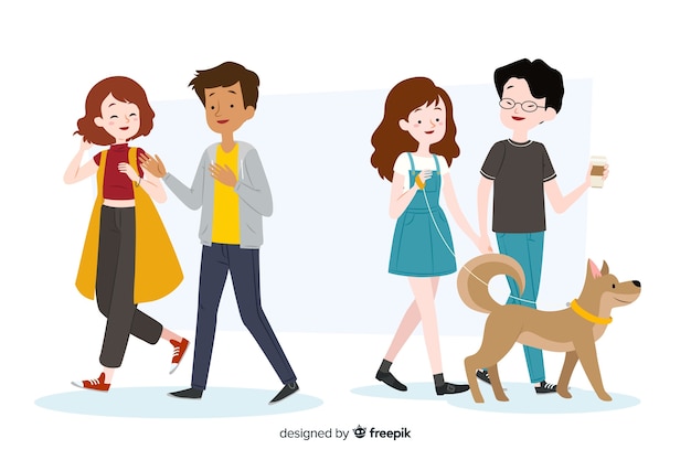 Vector young couples walking together