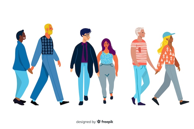 Vector young couples walking together
