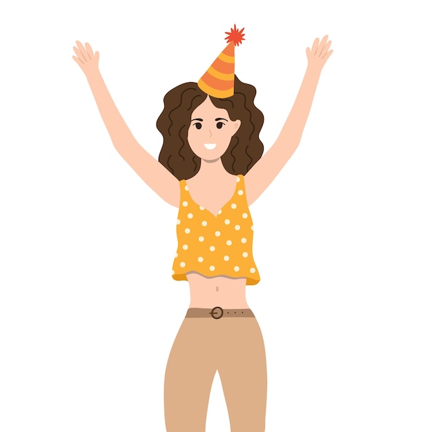 트렌디한 탑과 파티 모자를 쓴 곱슬머리 젊은 여성이 웃고 손을 위로 들고 파티에서 즐거운 시간을 보내는 행복한 여성의 개념 긍정적인 제스처를 보여주는 여성 캐릭터 행복 감정 언어