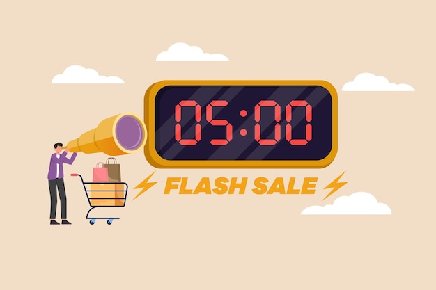 Young customer using big gold telescope and trolley for see flash sale time board flash sale and discount concept flat vector illustration isolated