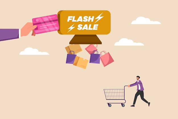 Young Customers shopping by trolley and payment by card at flash sale time Flash sale and Discount Concept Flat vector illustration isolated