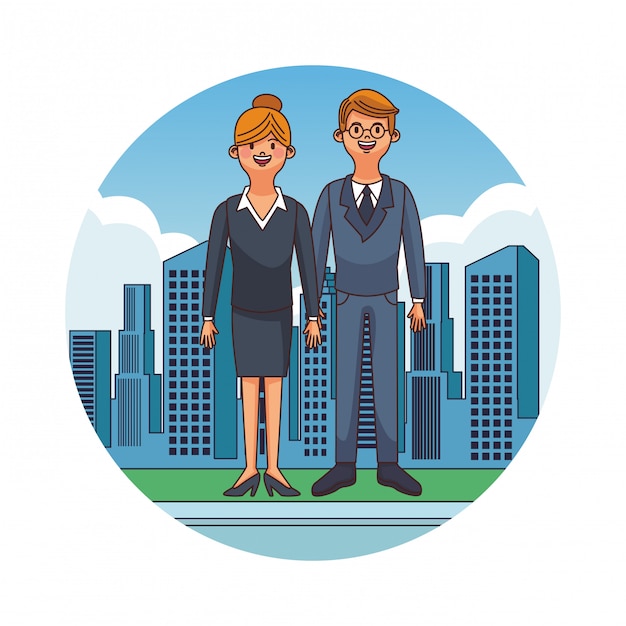 Young and cute couple at city round icon vector illustration graphic design