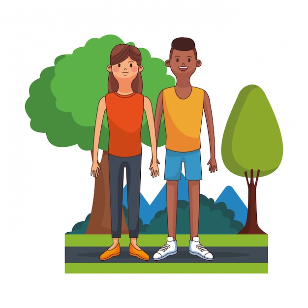 Young and cute couple at park vector illustration graphic design