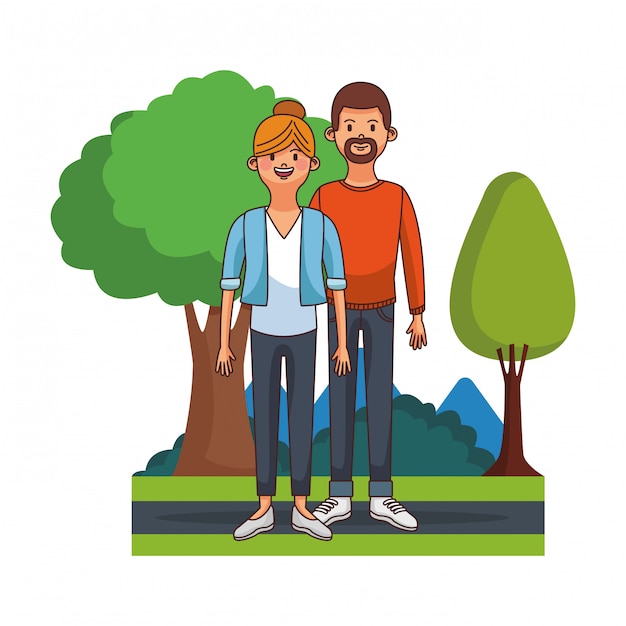 Vector young and cute couple at park vector illustration graphic design