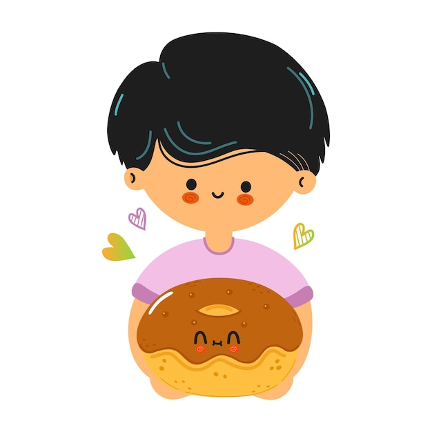 Vector young cute funny boy hold donut in hand