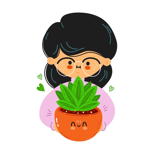 Young cute funny girl hold indoor plant in hand