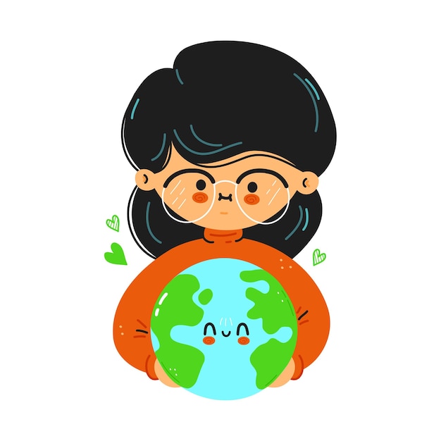 Young cute funny girl hold planet Earth in hand