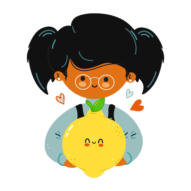 Vector young cute funny little girl hold lemon in hand