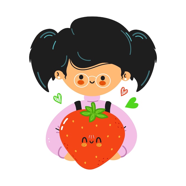 Young cute funny little girl hold strawberry in hand