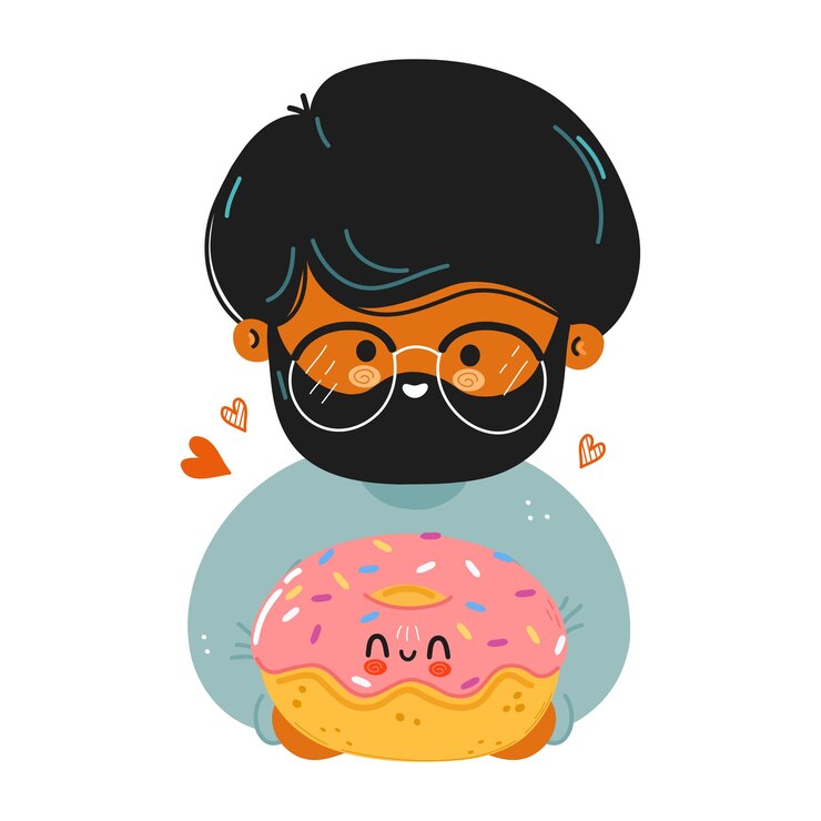 Vector young cute funny man hold donut in hand young boy hugs cute donut vector hand drawn doodle style
