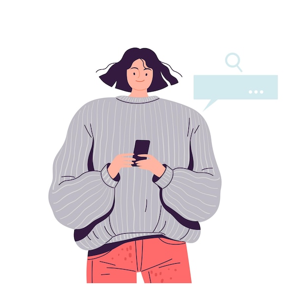 Vector a young cute girl in a sweater holds a phone in her hands