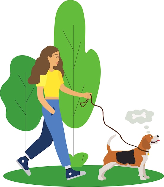 Vector young cute girl walks with a dog in the park. happy pet owner. charming beagle. active recreation