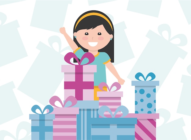 Vector young cute girl with stacked gift boxes