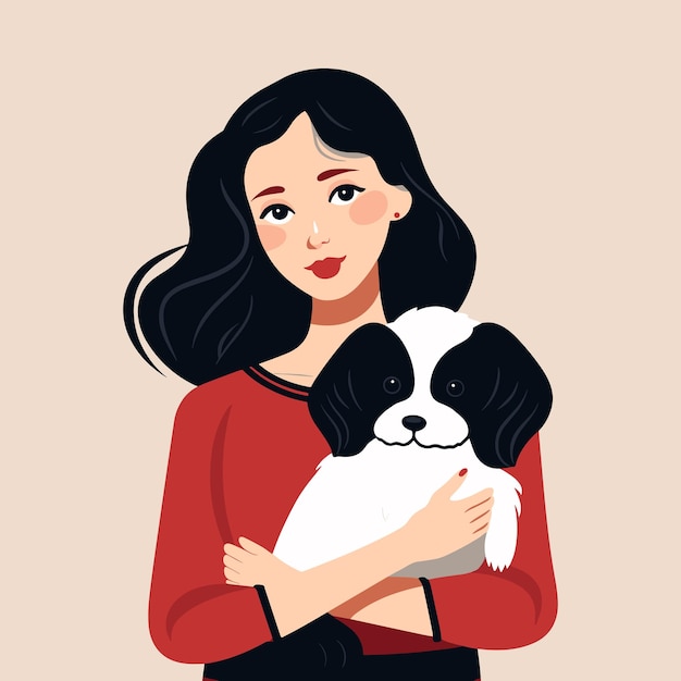 若いかわいい幸せな女性愛のベクトル図で犬を抱き締める幸せなペットの飼い主の肖像画