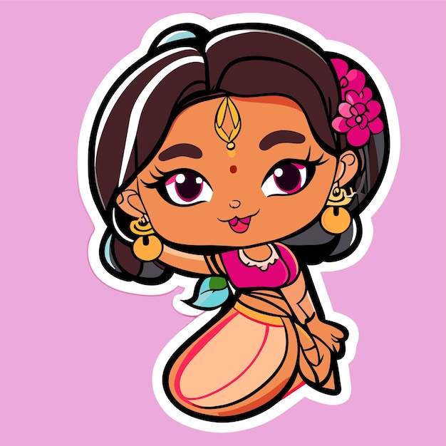 Young cute indian girl hand drawn cartoon sticker icon concept isolated illustration