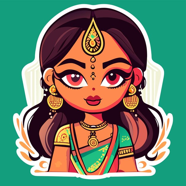 Vector young cute indian girl hand drawn cartoon sticker icon concept isolated illustration