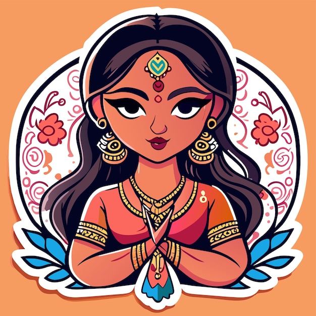 Vector young cute indian girl hand drawn cartoon sticker icon concept isolated illustration