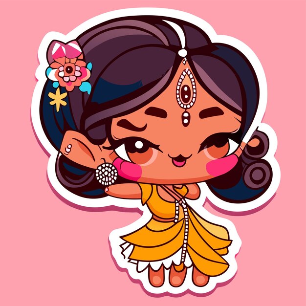 Vector young cute indian girl hand drawn cartoon sticker icon concept isolated illustration