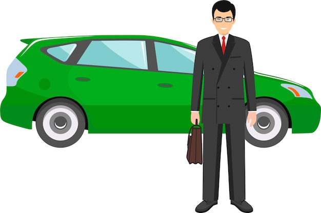 Young Cute Smiling Standing Asian Businessman in Suit and Glasses with Briefcase near the Car