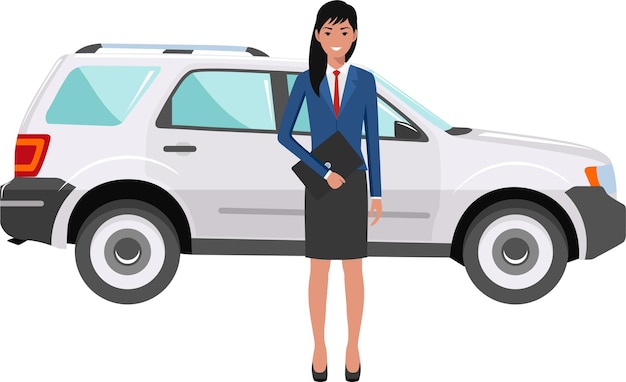 Young Cute Smiling Standing Businesswoman in Suit with Laptop near the Car in Flat Style