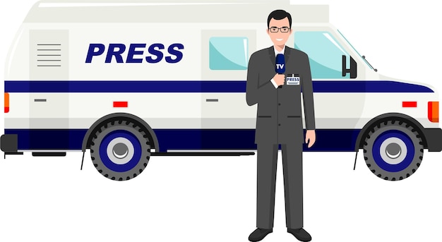 Young Cute Smiling Standing Man Press Reporter in Suit with Microphone near Car Crew News Icon