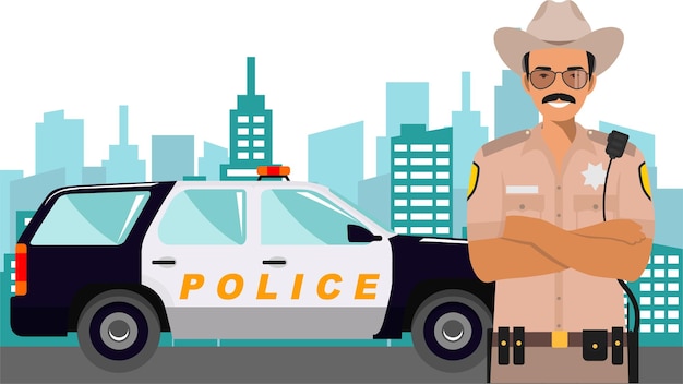 Vector young cute smiling standing policeman sheriff officer in uniform with police car