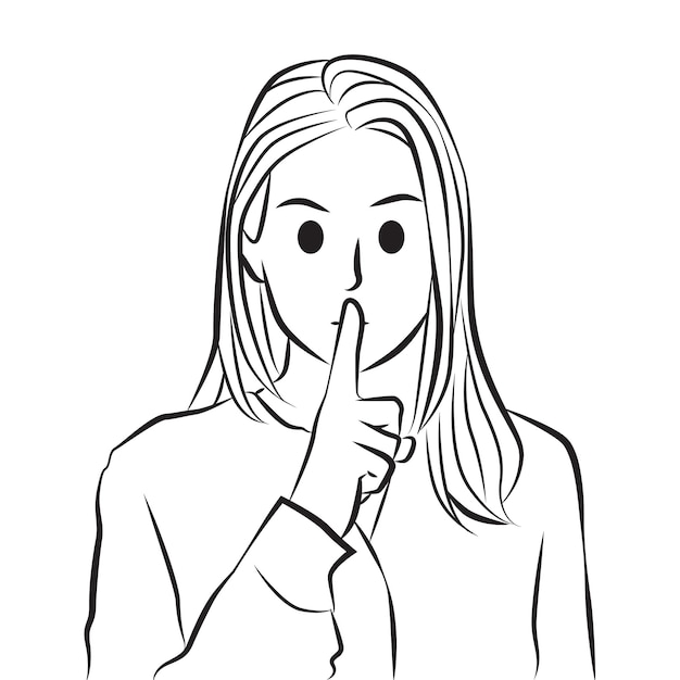 Vector young cute woman hushing telling secret holding finger mouth