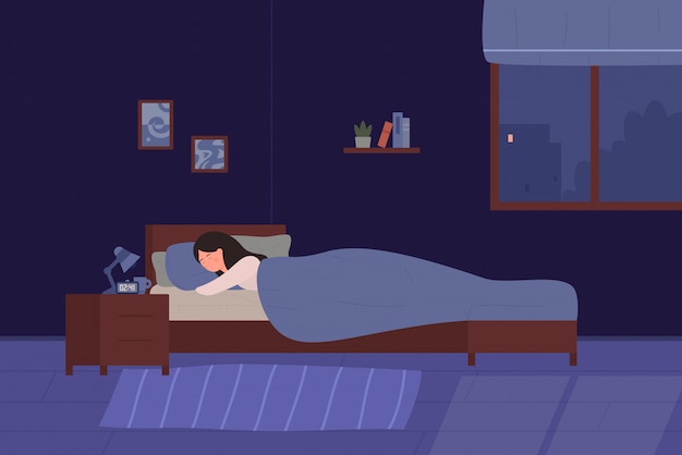 Giovane donna carina che dorme nel suo letto. camera da letto della stanza della ragazza del fumetto di notte. interni confortevoli con letto, lampada, libri, illustrazione piatta.