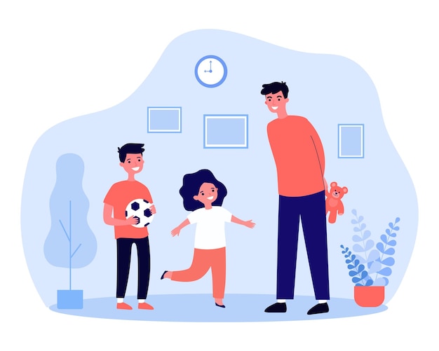 Young dad giving gifts to his children. flat vector illustration. happy boy holding soccer ball, man hiding teddy bear behind his back for girl. family, childhood, gift, holiday, surprise concept