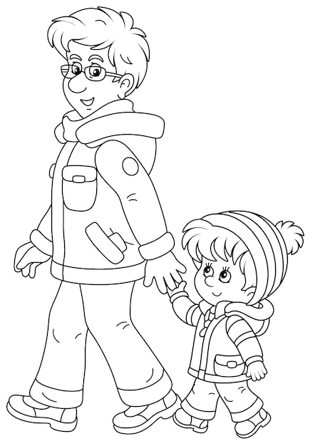 Young dad and his little son friendly talking and walking together hand in hand on a winter stroll