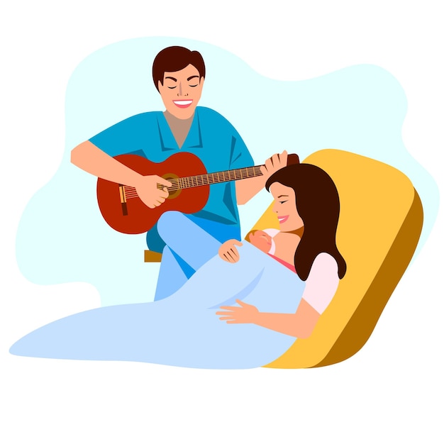 Young dad playing the guitar a lullaby for his newborn baby  Vector