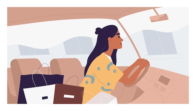 Vector young dark-skinned woman driving car with pile of shopping bags. happy beautiful lady inside auto with purchases from sale in clothing store. colored flat vector illustration of female driver.