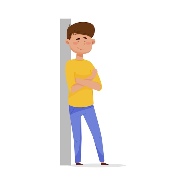 Vector young darkhaired man leaning against the wall with his arms crossed and smiling vector illustration