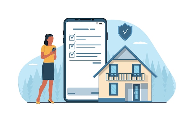 a young darkskinned woman draws up an insurance policy for a house online on a smartphone